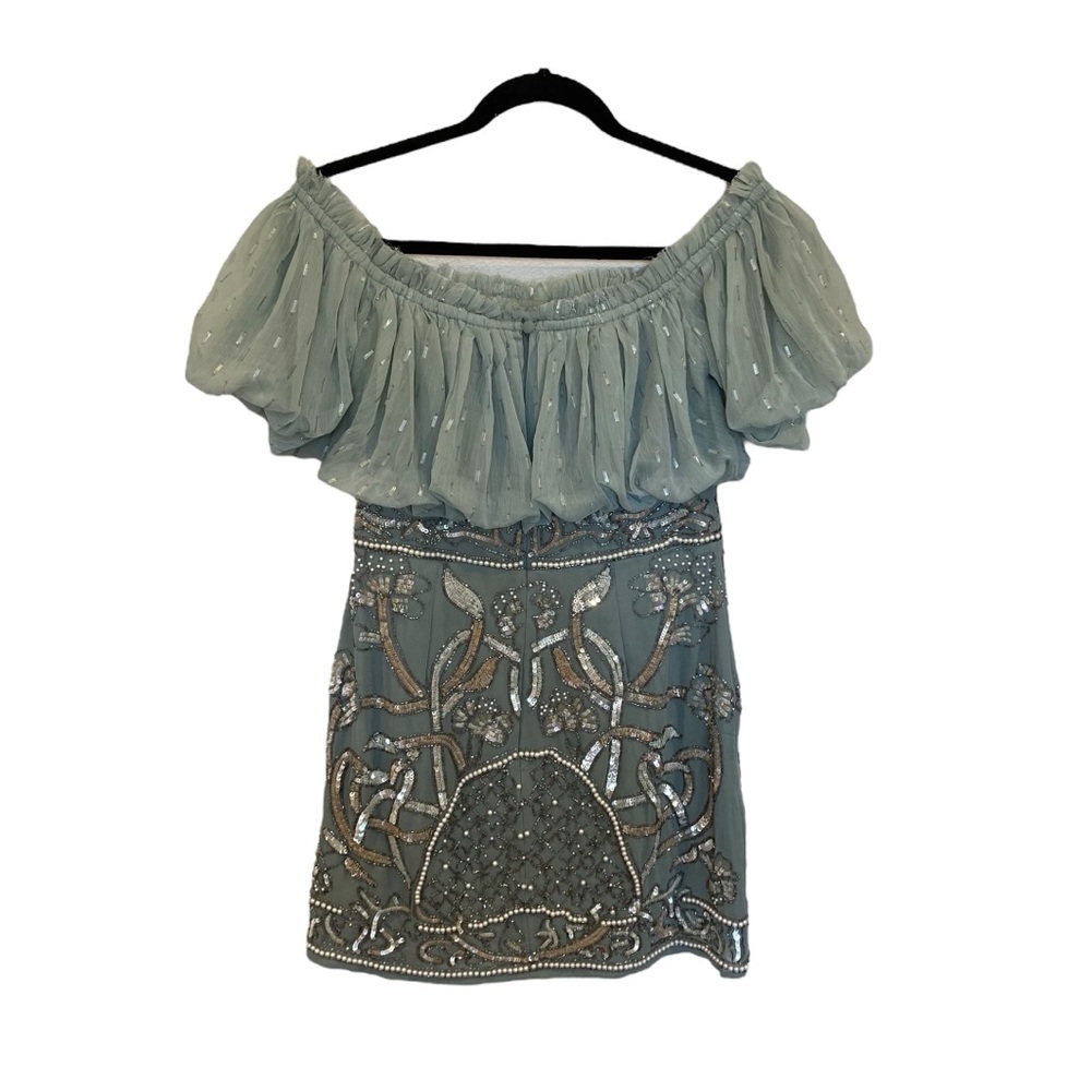 ASOS Design Blouson Bodice Off-Shoulder Mini Dress With Embellished Skirt - Picture 6 of 11